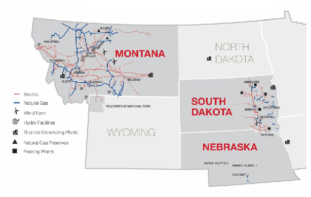 A map showing NorthWestern Energy's service territory in Montana, Nebraska and South Dakota.